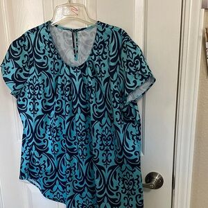 Blue Patterned Short Sleeve Women's Top